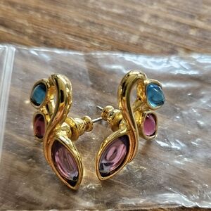 Elegant Gold Earrings with Blue and Pink Accents